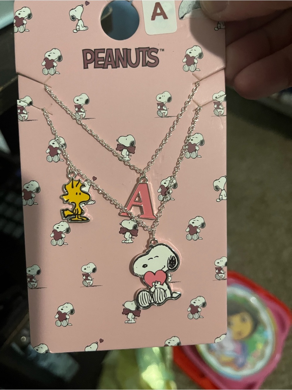 Peanuts Layered Necklace Set with Snoopy, Woodstock and Pink 'A' Pendant